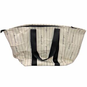 Victoria’s Secret Script Logo Striped Canvas Tote Beige Black NWT